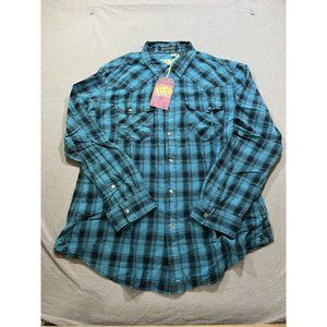 Denim Junkie‎ Button Up Shirt Adult 2XL Blue Plaid Pocketed Mens